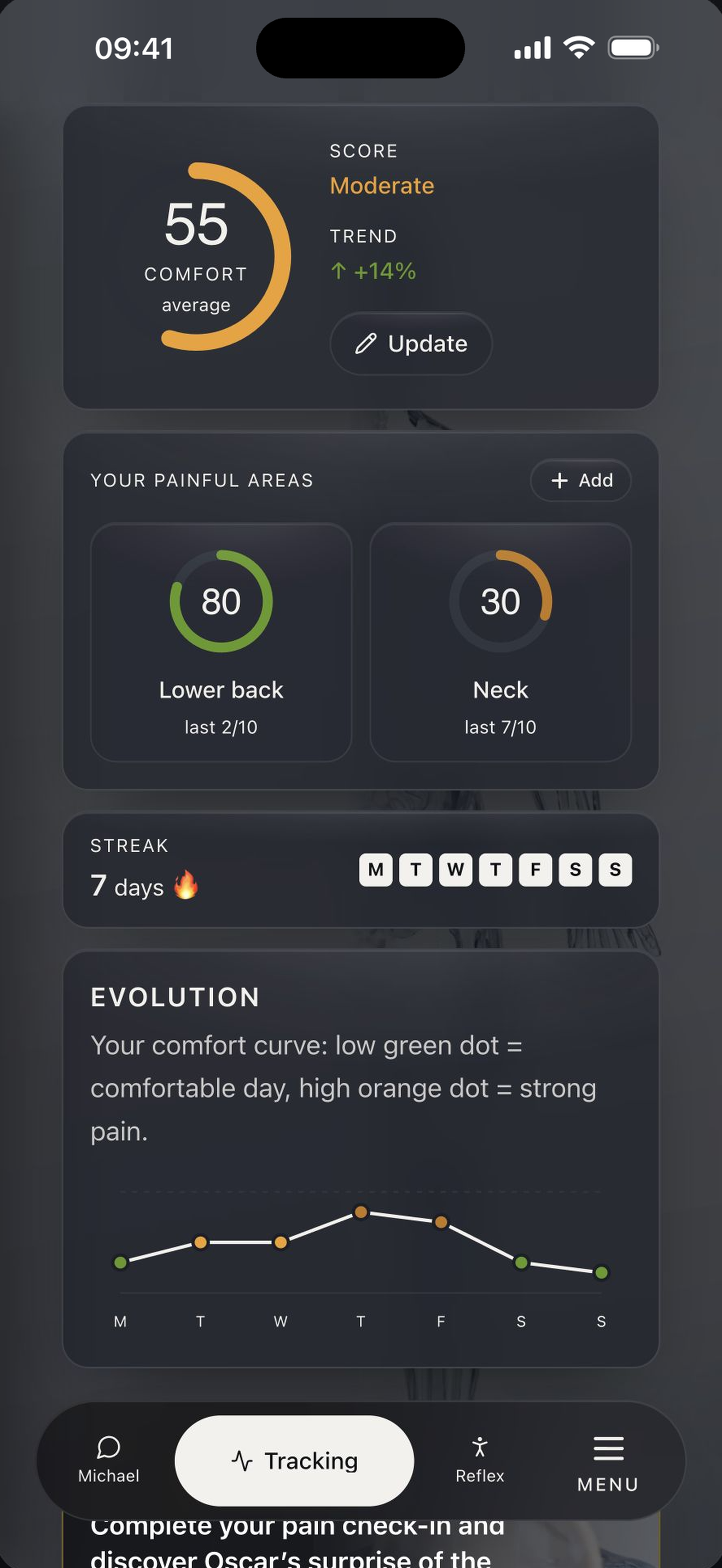 Stop Your Pain app screen showing symptom tracking